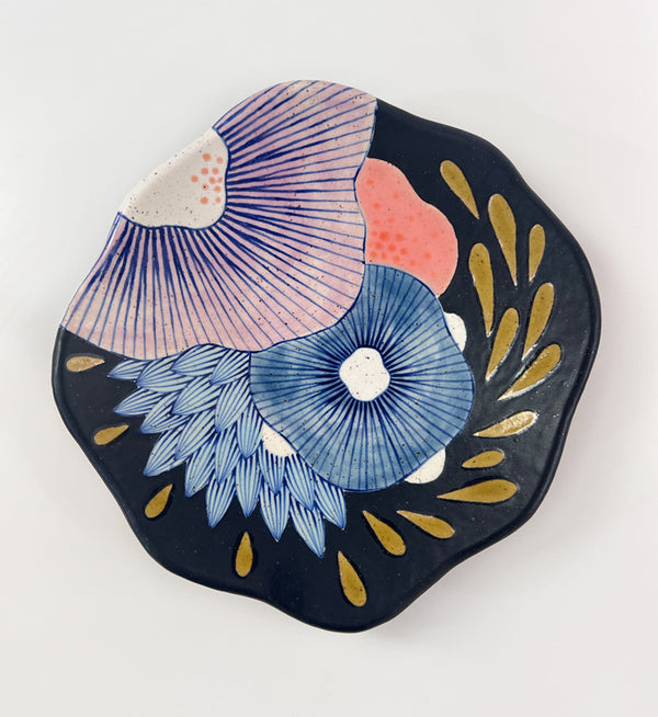 Plate 38 - 8-inch Curved Plate / Decorative Dish - Black with Floral Burst